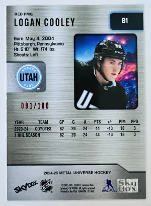 2025 SkyBox Metal Universe Hockey Logan Cooley Red PMG 091/100 back