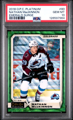 2018 O-Pee-Chee Platinum Nathan MacKinnon Emerald Surge PSA 10 front