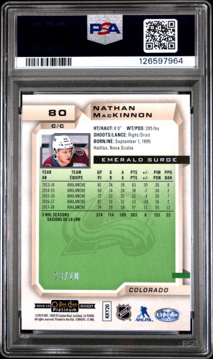 2018 O-Pee-Chee Platinum Nathan MacKinnon Emerald Surge PSA 10 back