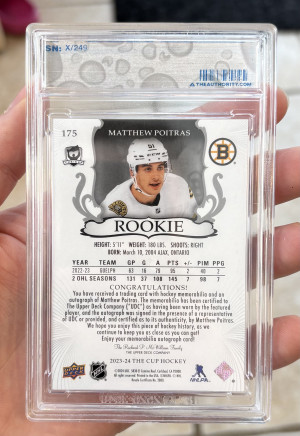 2023-24 Upper Deck The Cup Rookie Auto Patch 105/249 #175 Matthew Poitras back