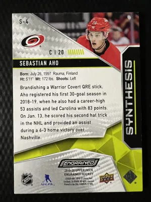 2020 2019-20 Upper Deck Synergy Sebastian Aho Yellow Limited Edition Insert back