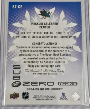 Macklin Celebrini RC Sub Zero Auto (UD Ice) back