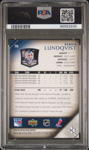2005-06 Upper Deck Henrik Lundqvist Young Guns PSA 10 back