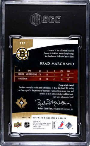 Brad Marchand 2009 Upper Deck Ultimate Collection #117 /299 SGC 8.5 Auto 10 back