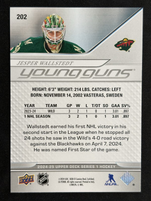 2024-25 Upper Deck Series One YG #202 Jesper Wallstedt back