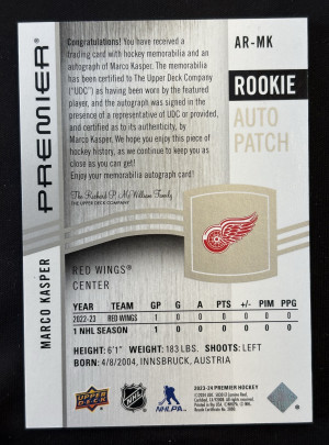 2023-24 Upper Deck Premier Rookie Auto Patch 14/99 #ARMK Marco Kasper back