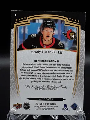 2024-25 Upper Deck Stature Brady Tkachuk Patch Auto /49  Senators back