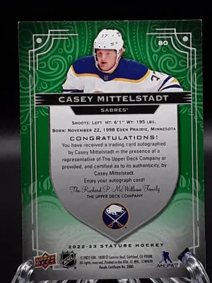 2022-23 Upper Deck Stature Casey Mittelstadt Green Auto /10 back