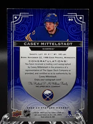 2022-23 Upper Deck Stature Casey Mittelstadt Green Auto /10 back
