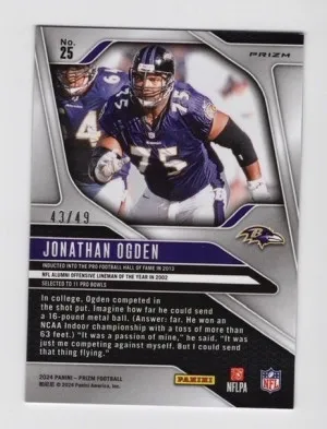 2024 Panini Prizm Jonathan Ogden #25 Purple Power 43/49 Color Match Ravens back