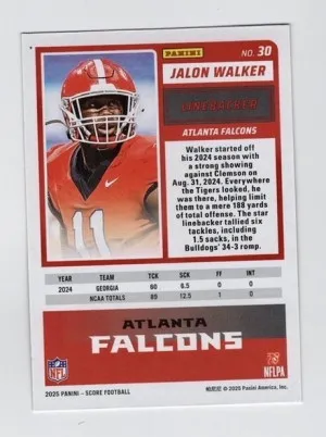 2025 Score Jalon Walker #30 Gold Dots 492/499 RC Falcons back