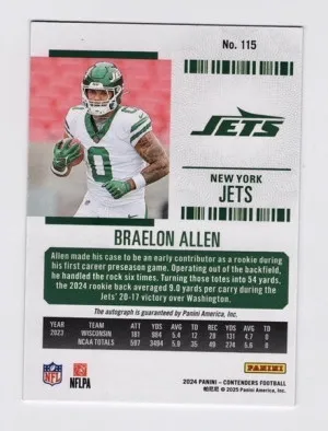 2024 Panini Contenders Braelon Allen Divisional Ticket RC Auto On-Card 20/99 Jets back
