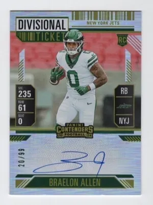 2024 Panini Contenders Braelon Allen Divisional Ticket RC Auto On-Card 20/99 Jets front