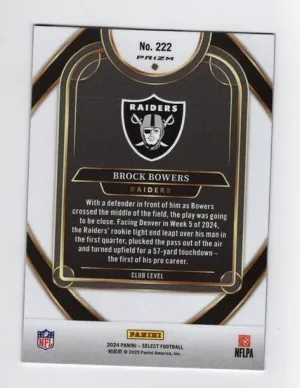 2024 Panini Select Brock Bowers Club Level #222 Black & Red Shock RC Raiders back