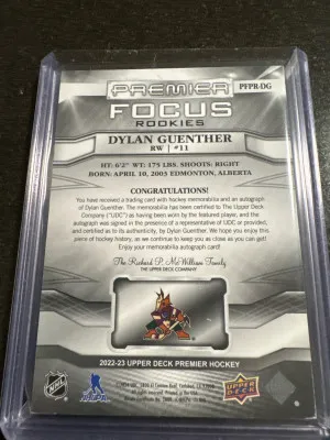 Dylan Guenther Rookie Premier Focus 3 Color Patch Auto/125 back