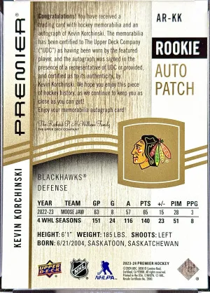 Kevin Korchinski 2023-24 Premier Gold Acetate Rookie Auto Patch 12/35 back
