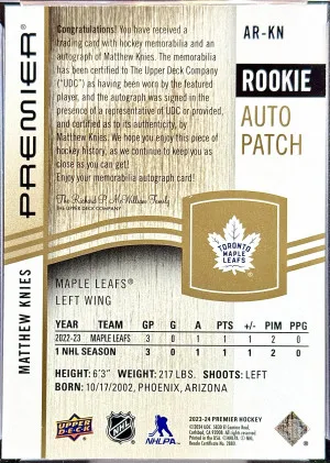 Matthew Knies 2023-24 Premier Gold Acetate Rookie Auto Patch 16/35 back