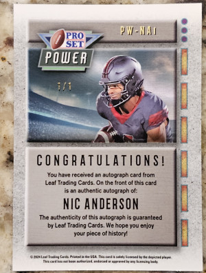 2024 Pro Set Metal Nic Anderson Power Super Prismatic Gold 1/1 #PW-NA1 Auto back
