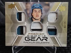 2024-25 Premier Macklin Celebrini Premier Rookie Gear Gold Patch /25 PGR-MC front
