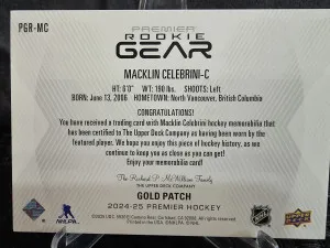 2024-25 Premier Macklin Celebrini Premier Rookie Gear Gold Patch /25 PGR-MC back