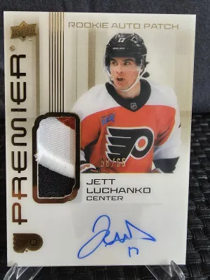 2024-25 Upper Deck Premiere Jett Luchanko Rookie Gold  Auto Patch 3 Color 58/65 front