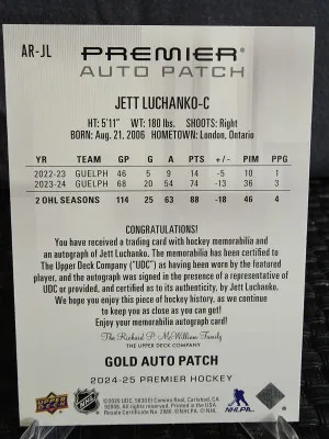 2024-25 Upper Deck Premiere Jett Luchanko Rookie Gold  Auto Patch 3 Color 58/65 back