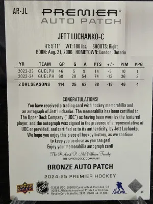 2024-25 Upper Deck Premiere Jett Luchanko Rookie Bronze Auto Patch 58/65 back
