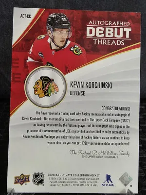 2023-24 ULTIMATE COLLECTION KEVIN KORCHINSKI #52/99 AUTO DEBUT THREADS RPA back