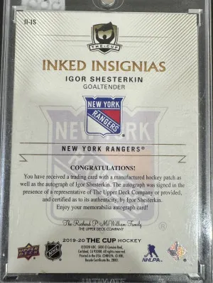 2019-20 UD The Cup Igor Shesterkin Inked Insignias Rookie Auto RPA back