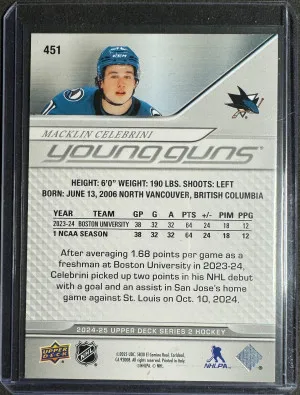 2024-25 Upper Deck 451 Macklin Celebrini Young Guns back
