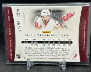 Henrik Zetterberg 2010-11 Panini Dominion Jersey Relic Gold /99 #37 Red Wings back