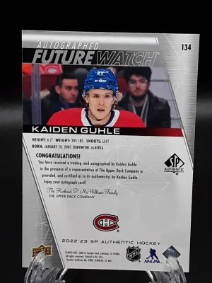 2022-23 SP Authentic Future Watch Auto Kaiden Guhle Rookie /999 Canadiens back