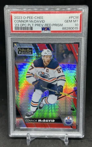 Connor McDavid 2023-24 UD O-Pee-Chee Platinum Preview Red Prism /50 #PCM PSA 10 Oilers front