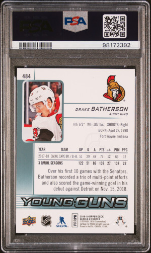 2018 Upper Deck Drake Batherson Young Guns PSA 10 Gem Mint back