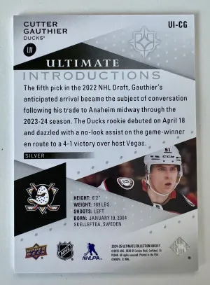 2025 Upper Deck Ultimate Collection Introductions Cutter Gauthier Rookie back