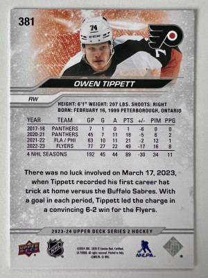 2022 Upper Deck Series 2 Owen Tippett Silver Outburst back