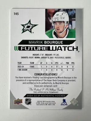 2024 Upper Deck SP Authentic Future Watch Mavrik Bourque Rookie 186/999 back