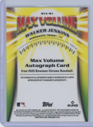 2025 Bowman Chrome Baseball Walker Jenkins #MVA-WJ Max Volume Autograph 10/99 back