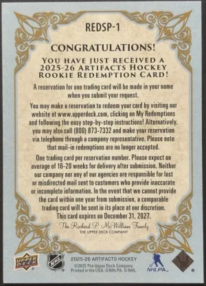 2025-26 Upper Deck Artifacts Hockey Rookie Redemption SP1 back