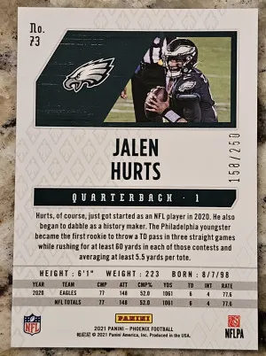2021 Phoenix Jalen Hurts Red /250 #73 back