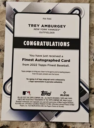 2022 Topps Finest Trey Amburgey Refractor AUTO RC Rookie New York Yankees back