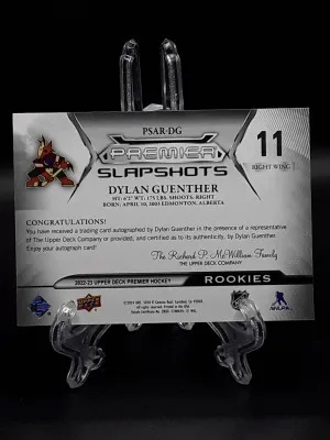 2022-23 Upper Deck Premier Dylan Guenther Slapshots Rookies Auto Rookie RC back