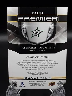 2022-23 Upper Deck Premier Dual Patch Gold Joe Pavelski /15 #PD-TSJB Stars back