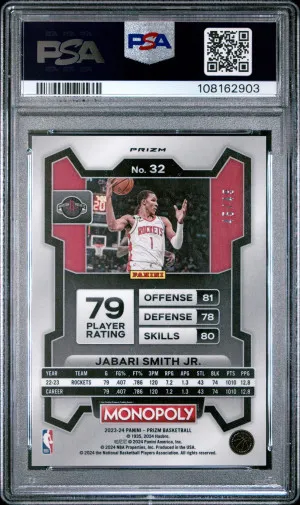 Jabari Smith Jr. 2023-24 Panini Prizm Monopoly #32 Gold /49 PSA10 GEM MT Rockets back