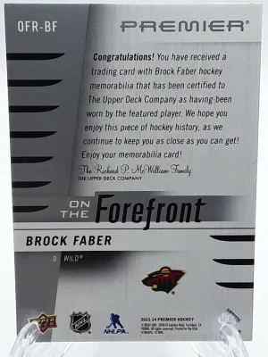 2023-24 UD Premier Brock Faber On The Forefront Patch /75 Wild back