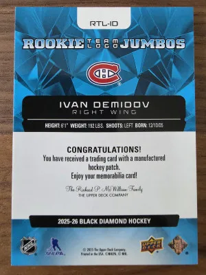 25-26 BLACK DIAMOND ROOKIE TEAM LOGO JUMBOS - IVAN DEMIDOV #RTL-ID CANADIENS back