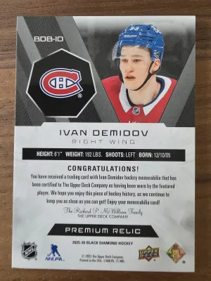 2025-26 Black Diamond Ivan Demidov Premium Relic 07/10 back