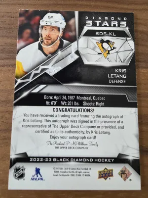2022-23 UD Black Diamond Stars 02/15 Kris Letang #BDS-KL Auto back