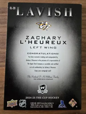 Zachary L'Heureux #EL-20 2024 Upper Deck The Cup Lavish Autograph 16/25 back