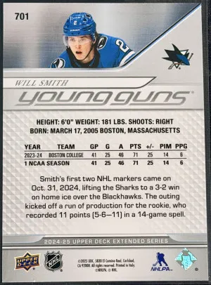 2024 Will Smith Upper Deck Series 1 Hockey Young Guns Exclusives //100 back